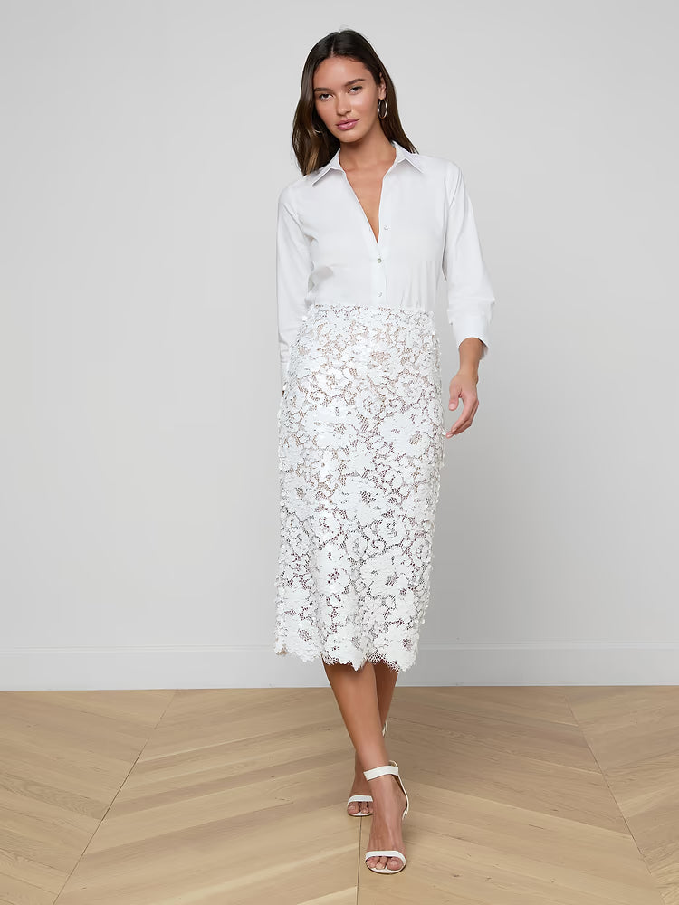 La3420 White Sequin Lace Midi Skirt