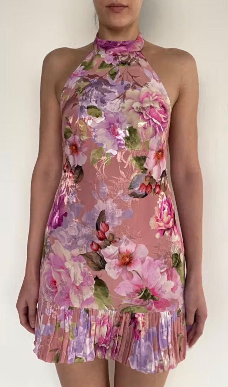 Herima Satin Jacquard Halter Dress