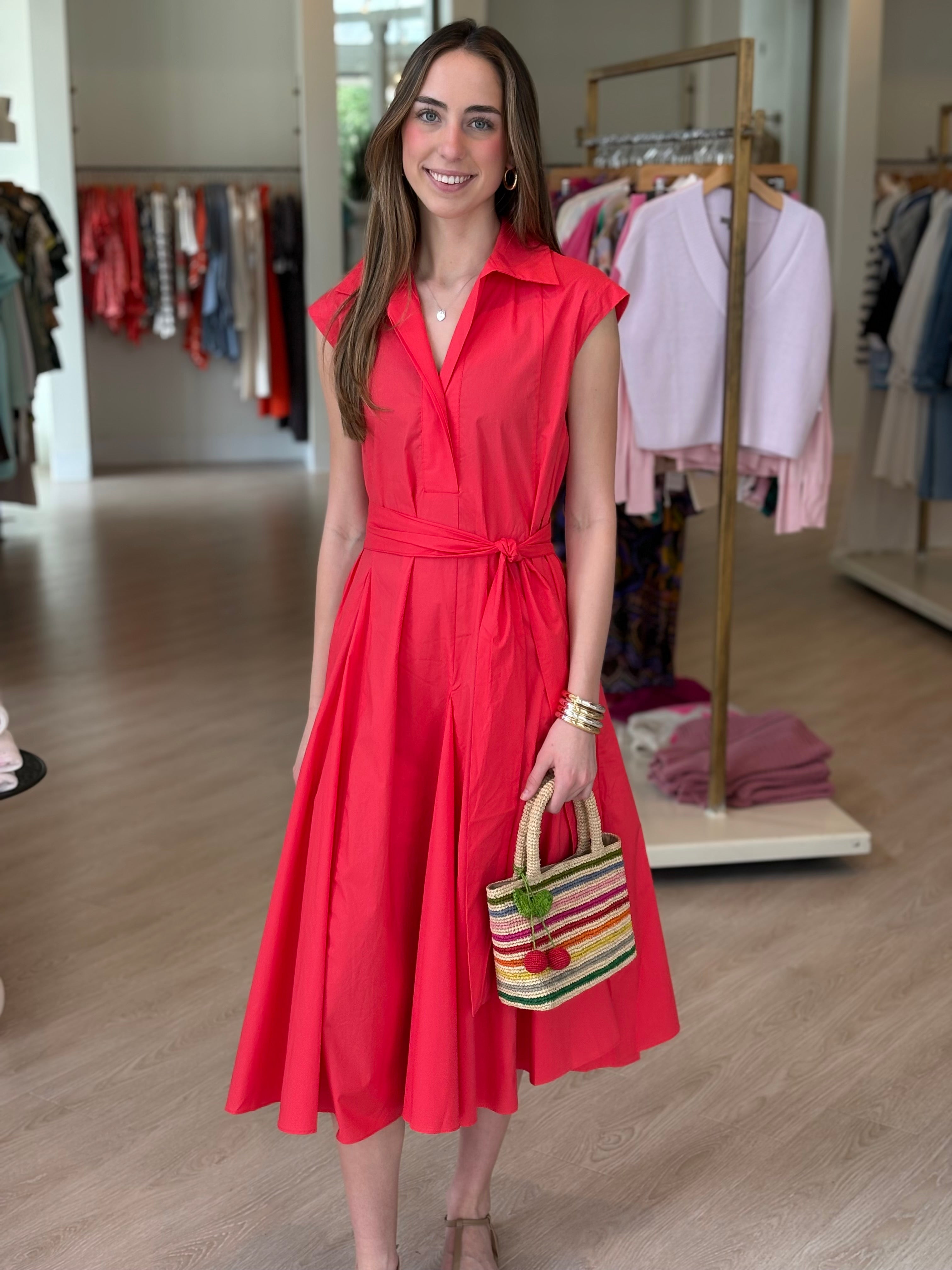 Ps2182 Red Poplin Midi Dress