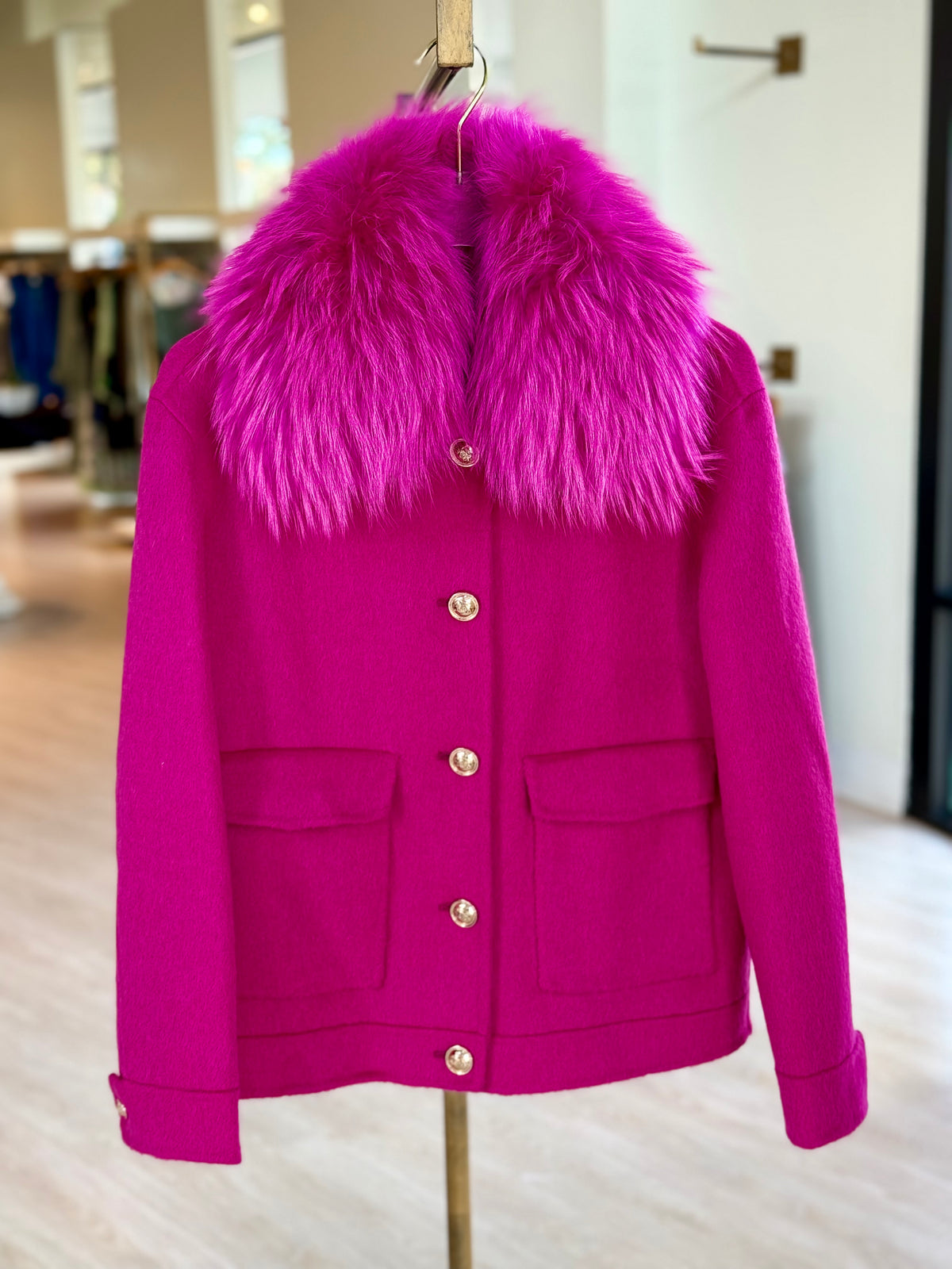 Pl6308 Fur Collar Bomber Jacket - Hot Pink