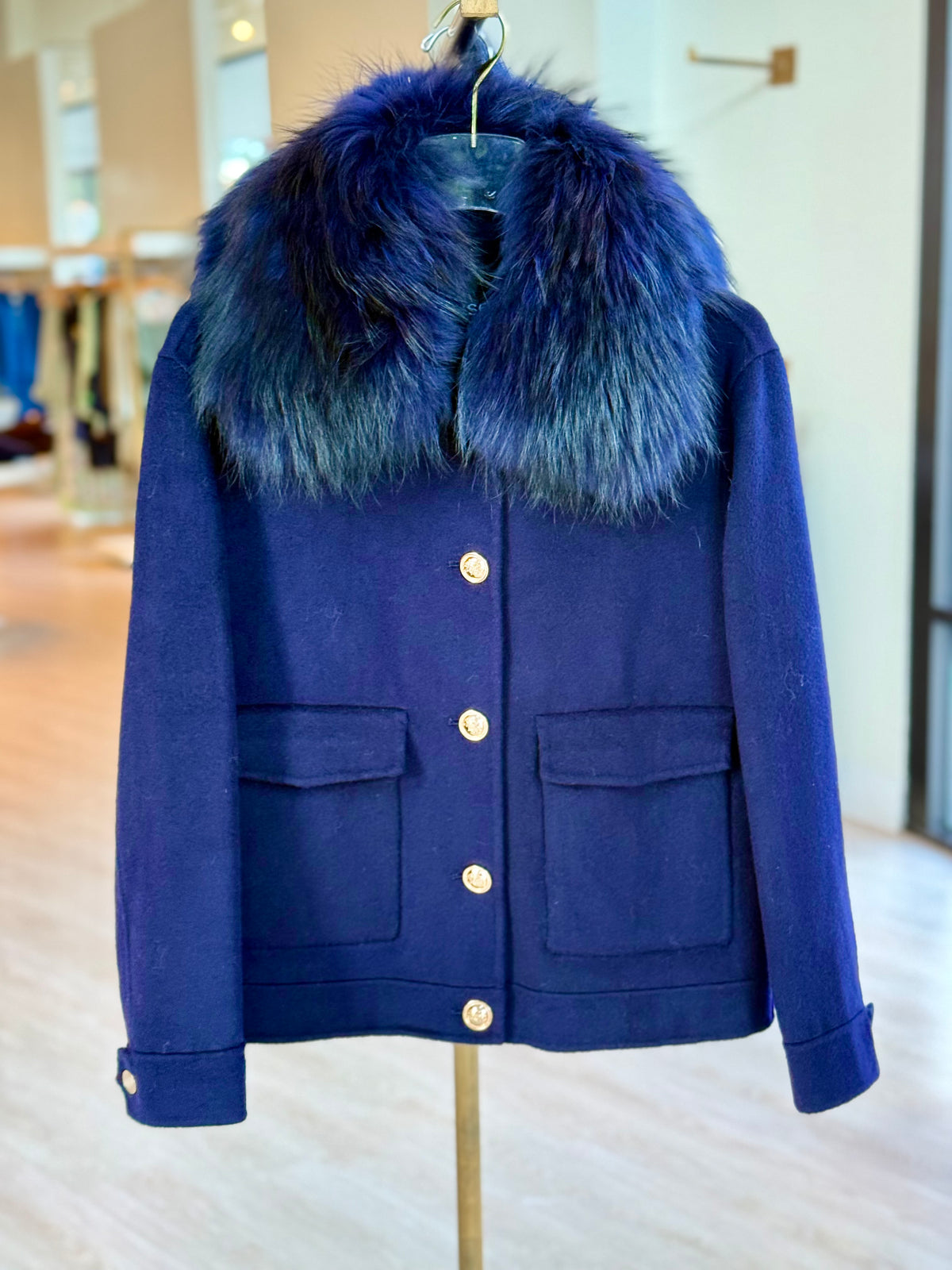 Pl6308 Fur Collar Bomber Jacket - Navy