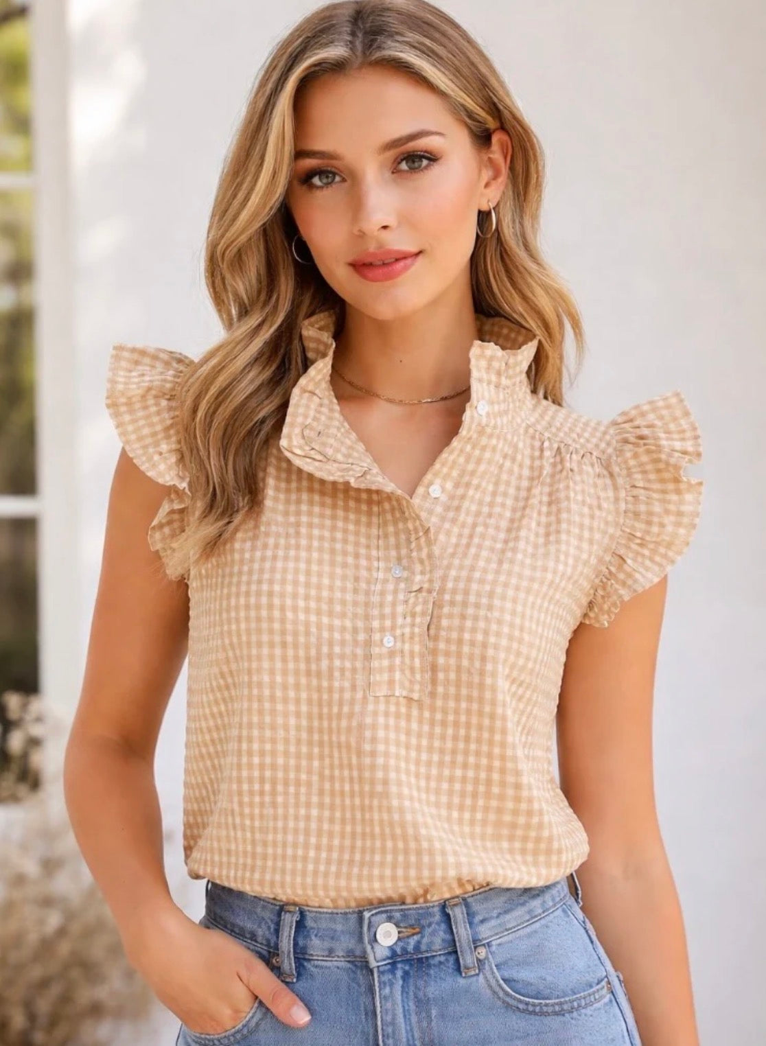 St1577 Tan Gingham Top