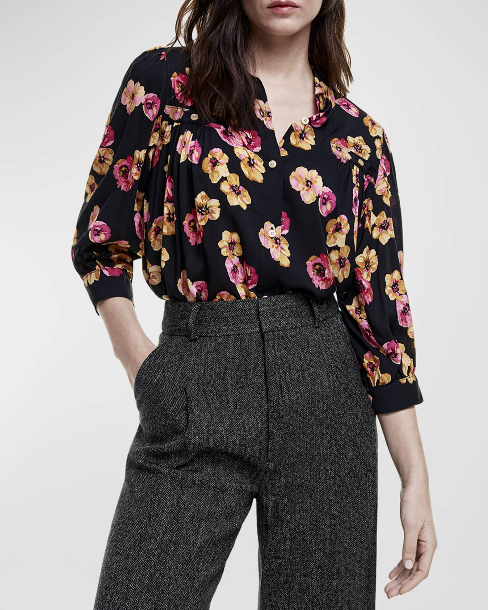 Smfa24087 Smythe Black Floral Shirred Pocket Blouse