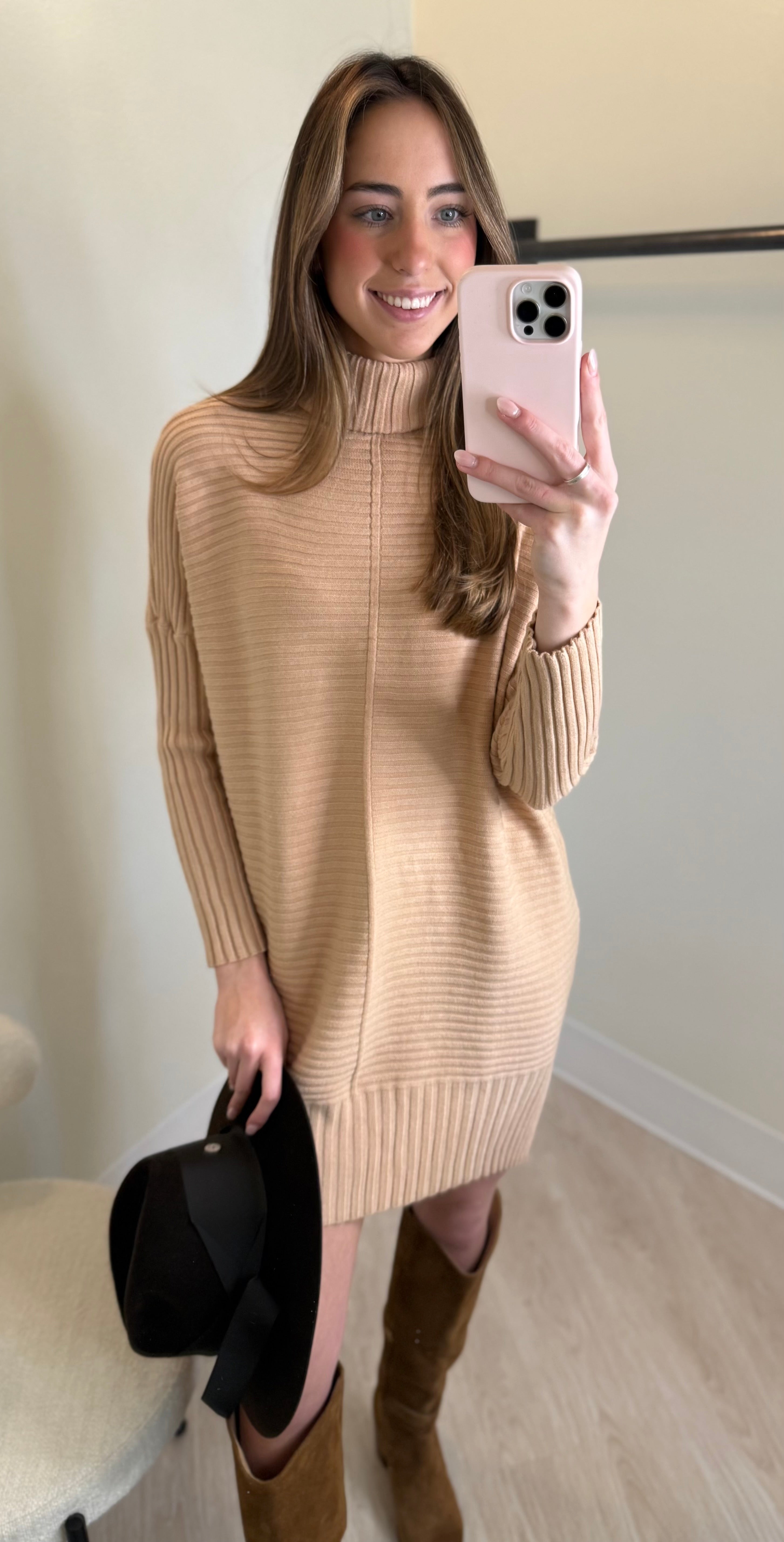 Mi330110 Caramel Ribbed Sweater Dress