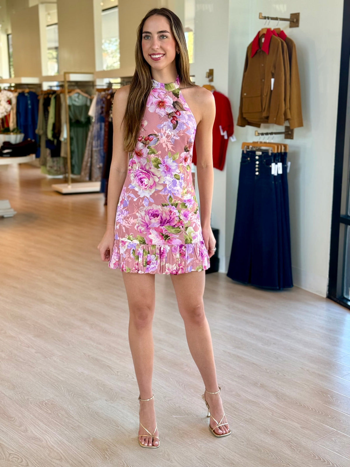 Herima Satin Jacquard Halter Dress