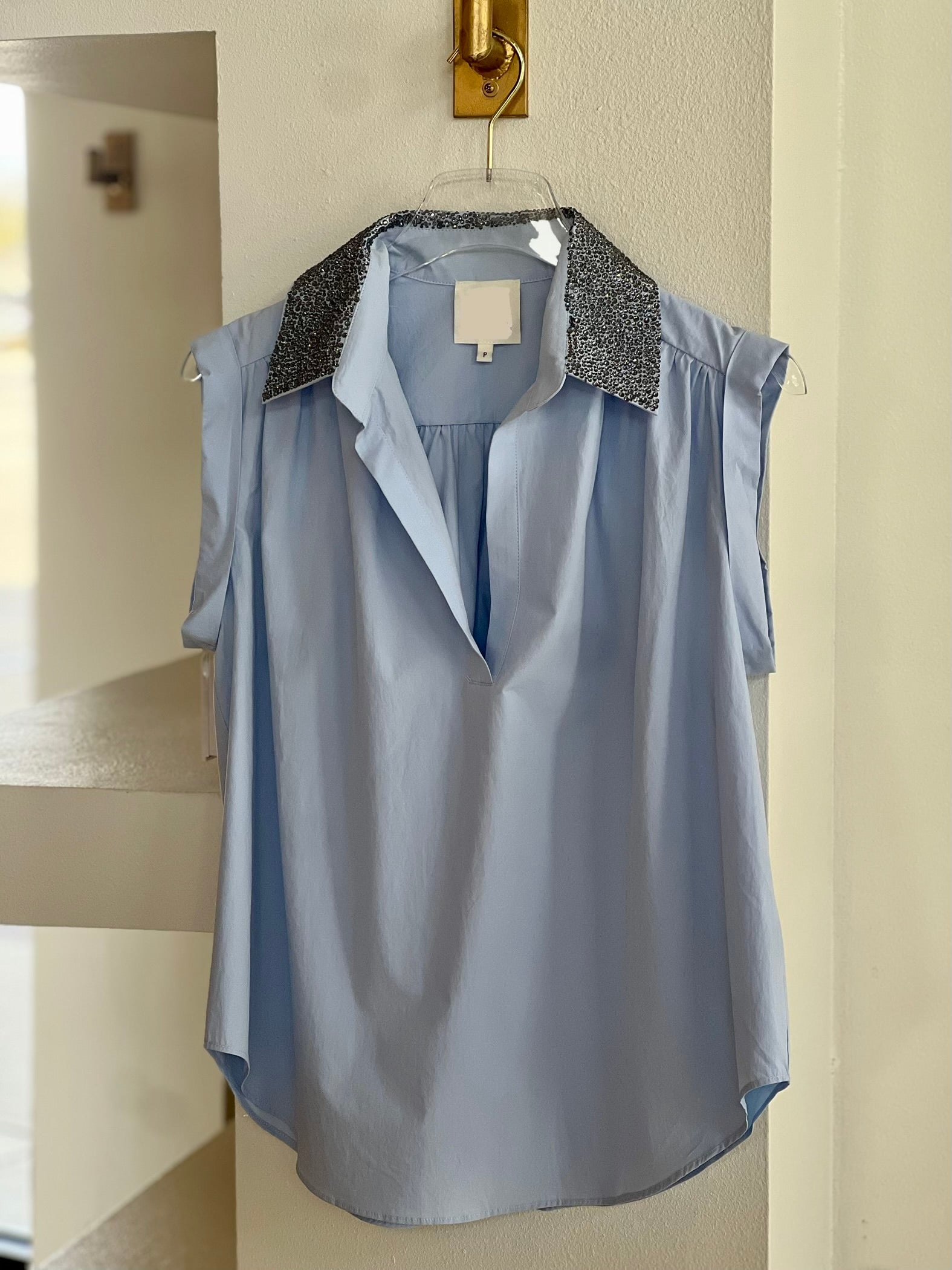 As3006 Blue Embellished Collar Top