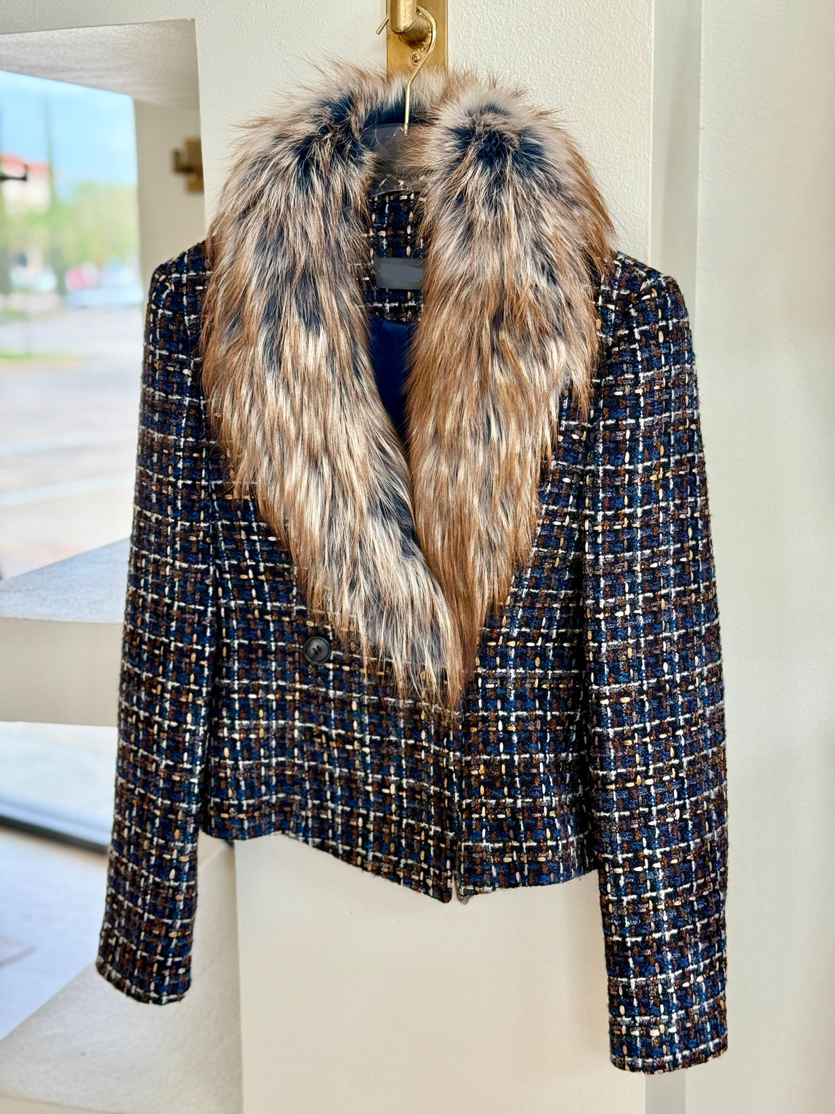 Didma204 Fur Collar Tweed Jacket - Navy