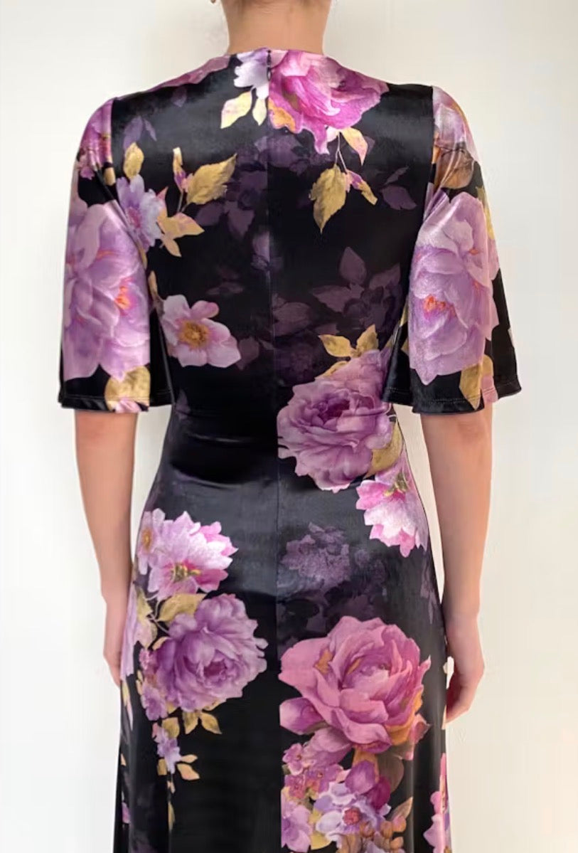 He6227 Floral Velvet Ruched Dress