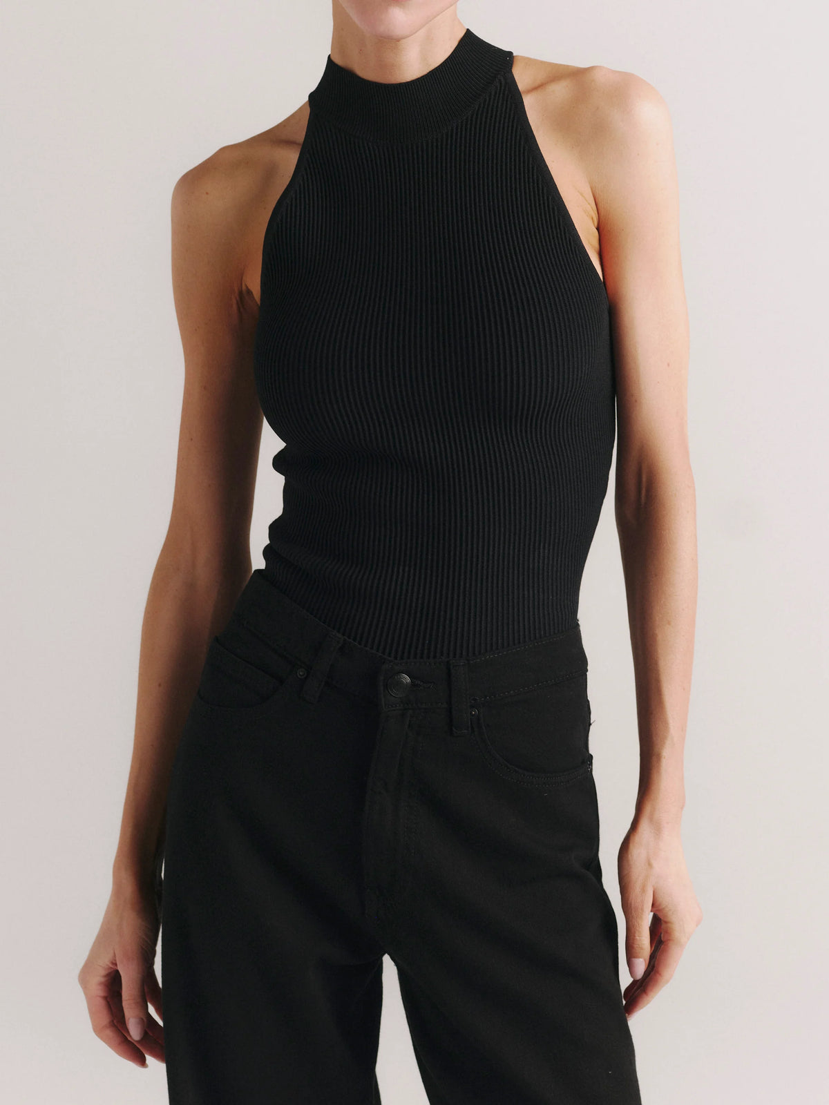 Dl90074 Black Ribbed Mock Neck Top