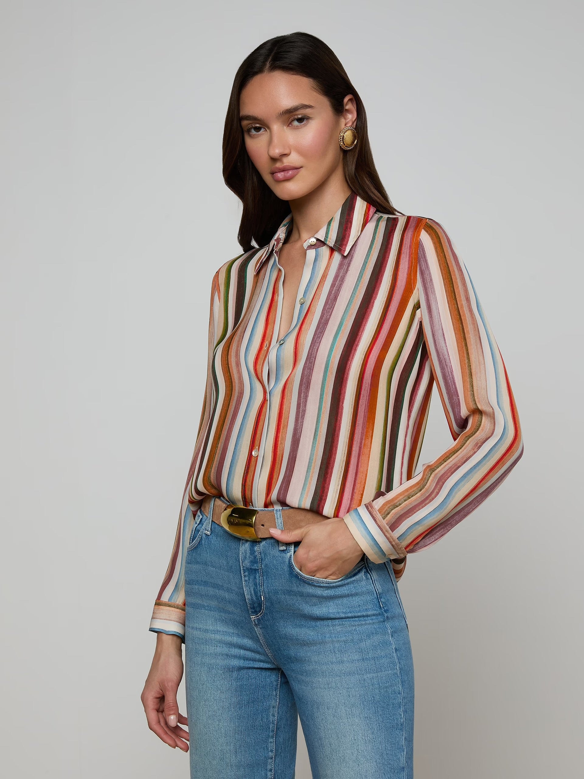 La4254 Watercolor Stripe Silk Blouse