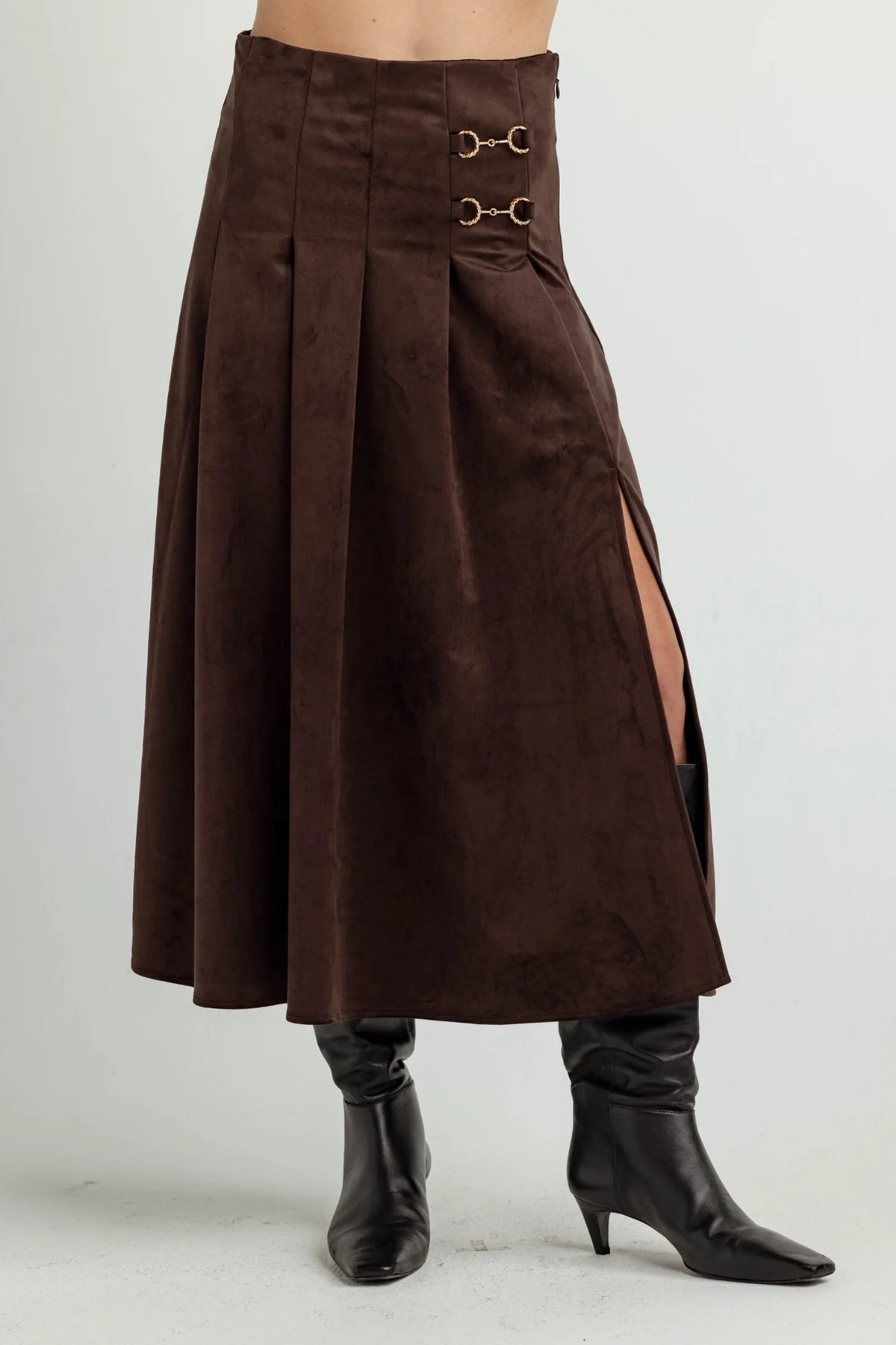 Su198 Chocolate Suede Midi Skirt