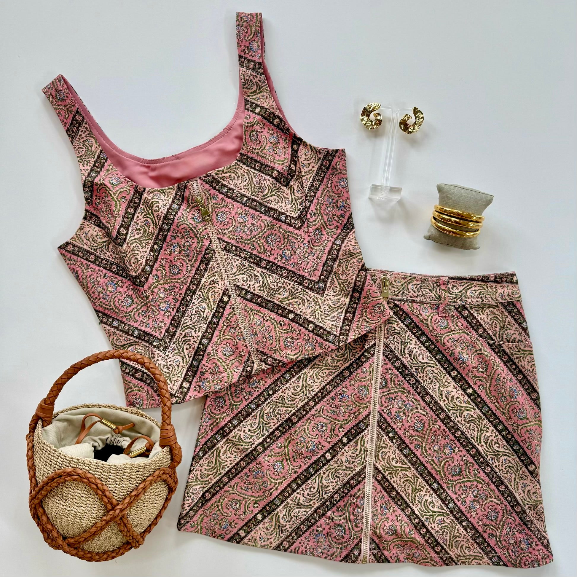 Cizs6581 Pink Paisley Denim Skirt