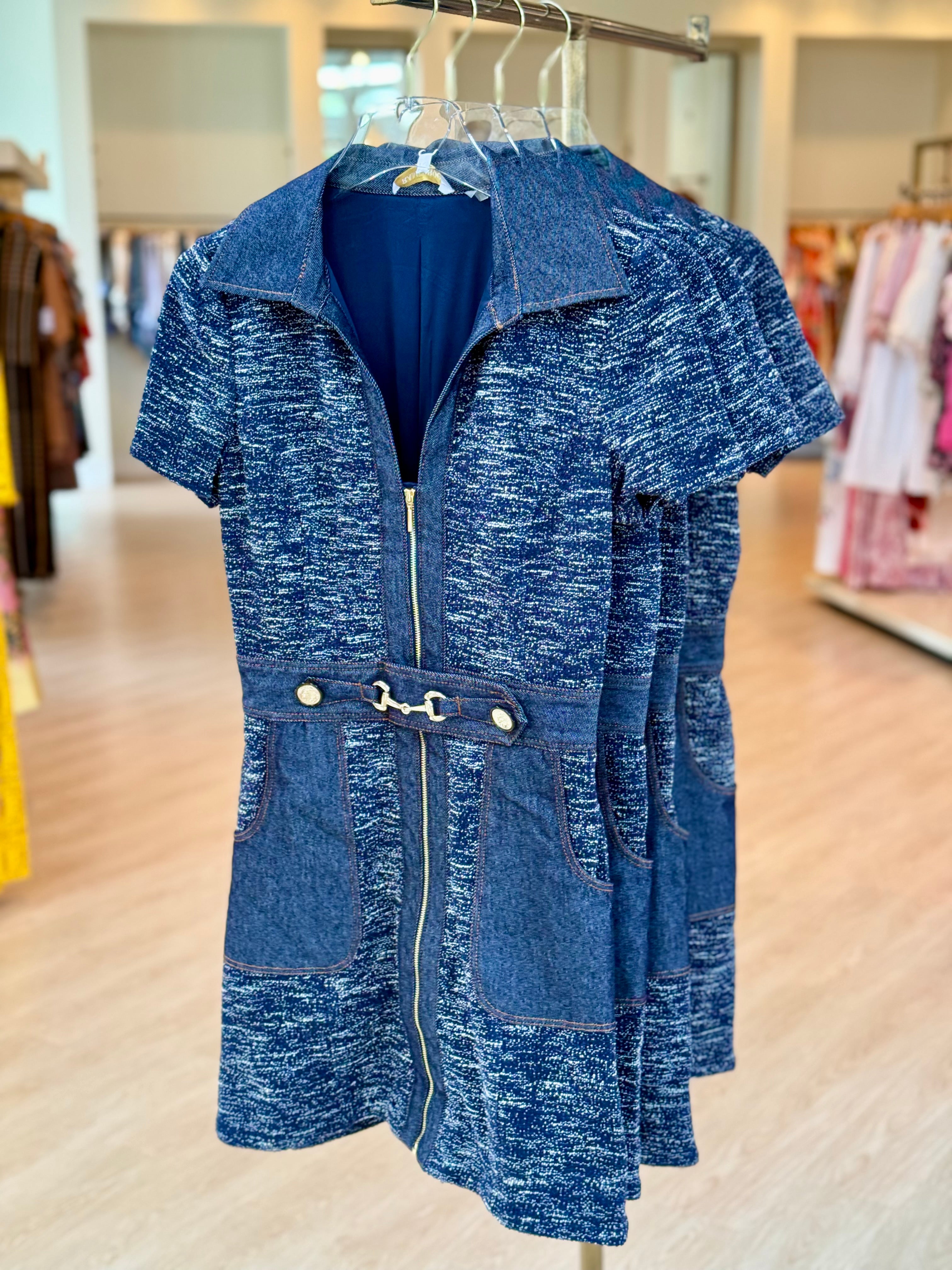 Ra3002 Navy Tweed Belted Dress