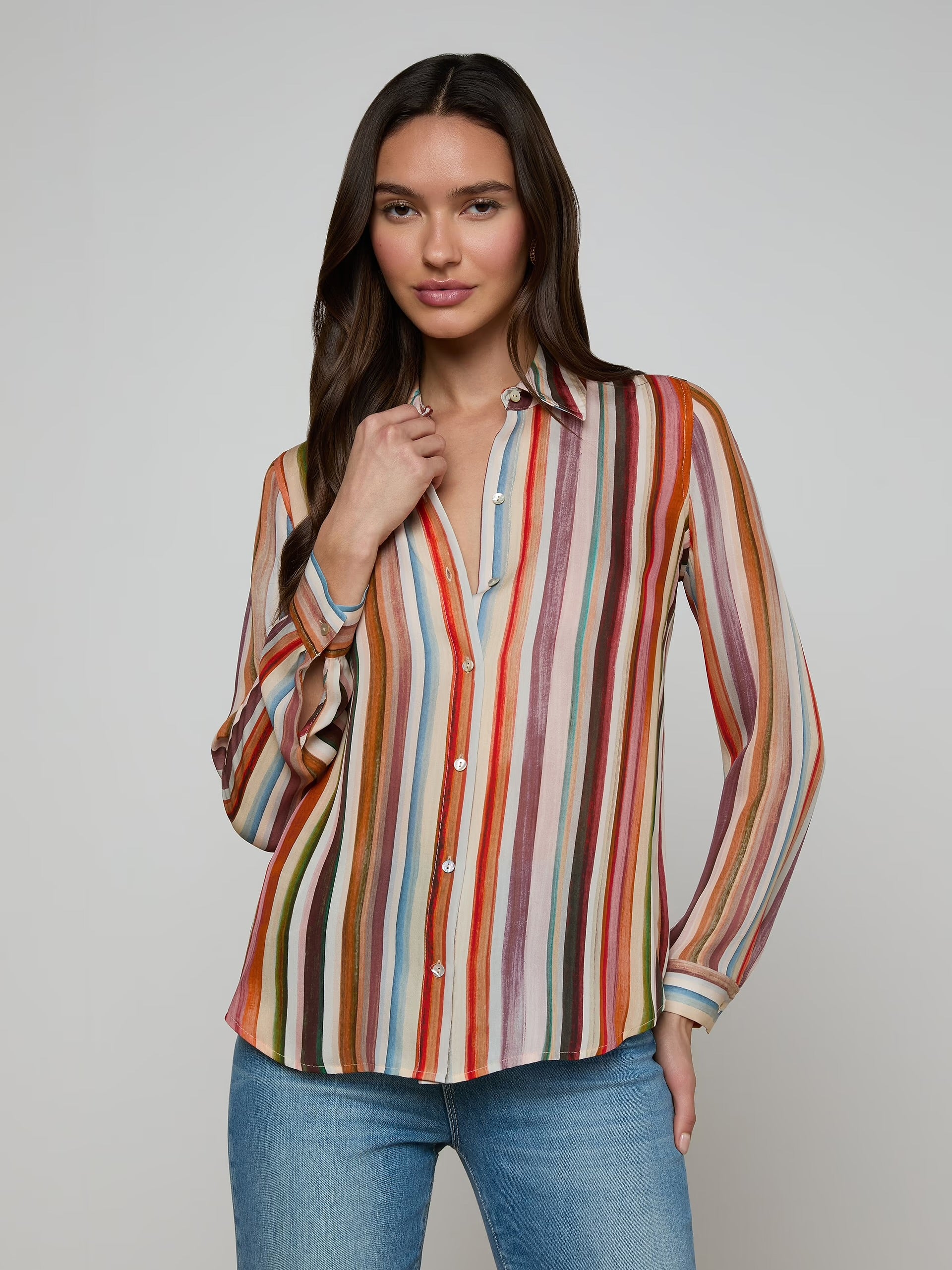 La4254 Watercolor Stripe Silk Blouse
