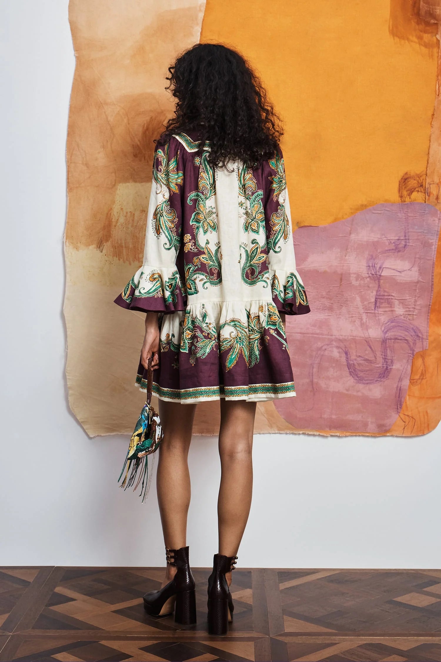 Al7653 Paisley Linen Ruffle Dress