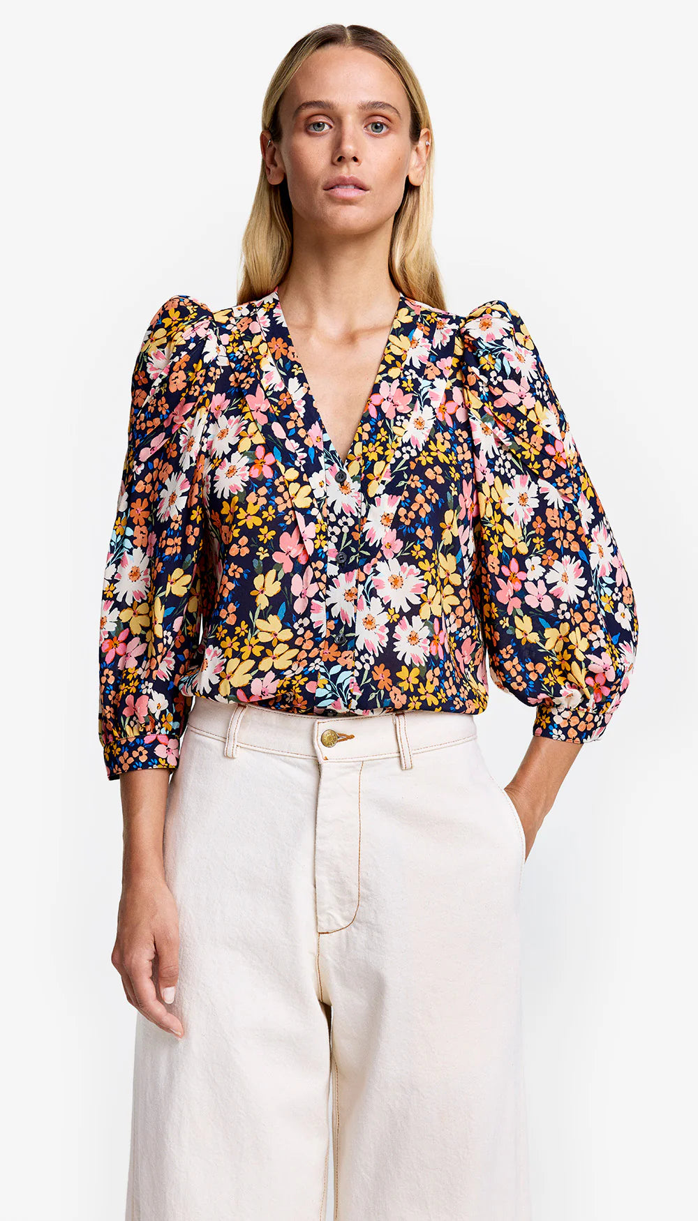 Sm114 Navy Floral Frontier Blouse