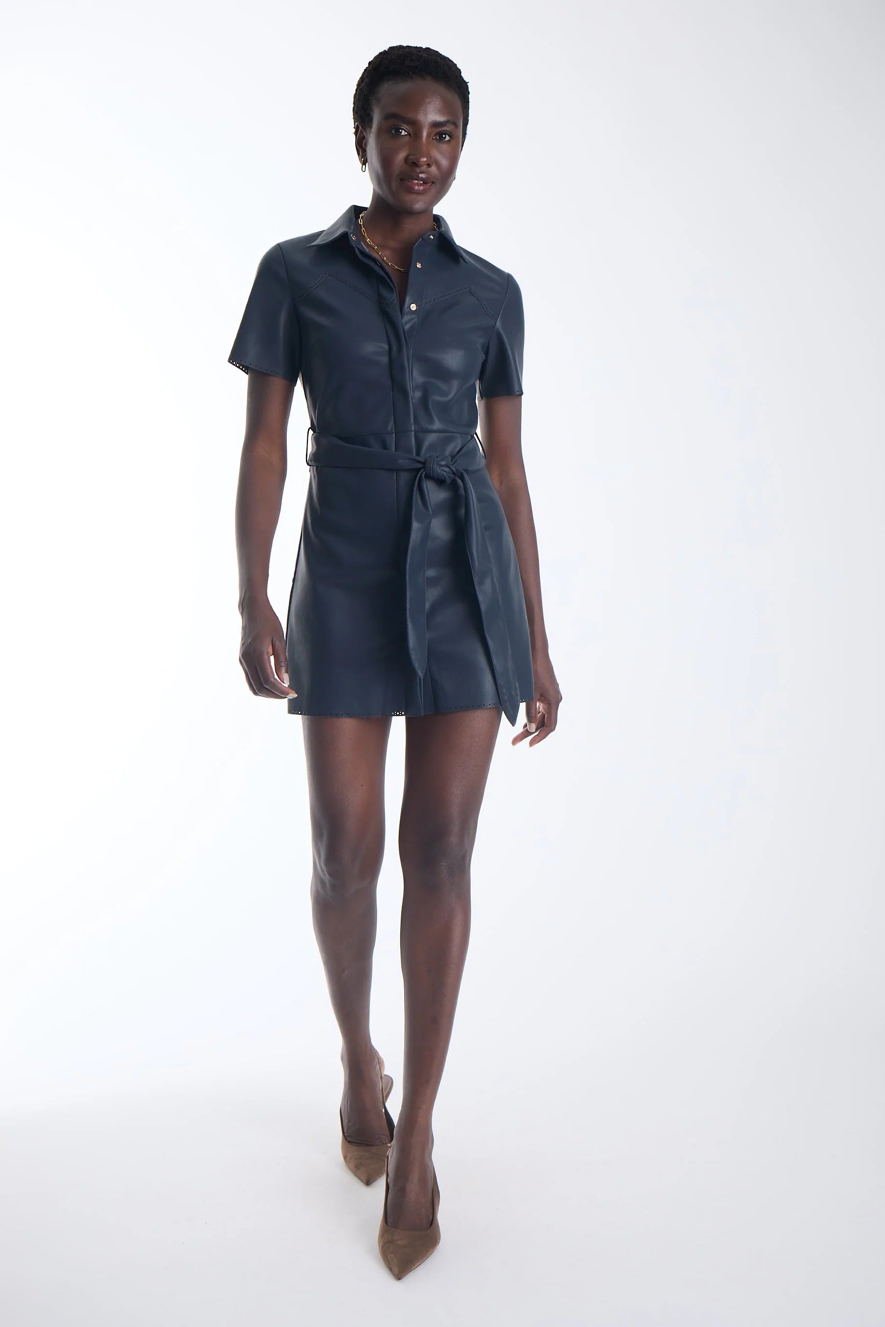 Ka30019 Navy Vegan Leather Mini Dress