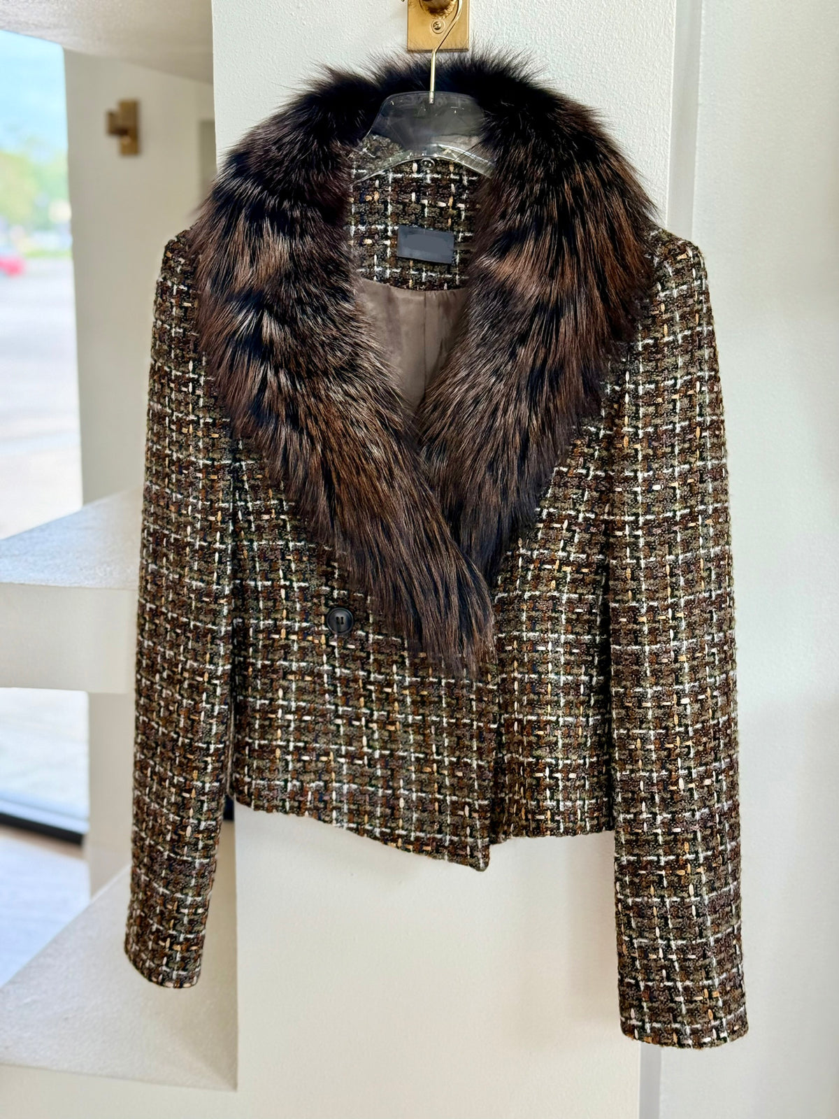 Didma204 Fur Collar Tweed Jacket - Chocolate