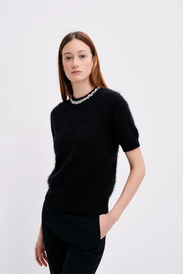 Pl3730 Jeweled Cashmere Top - Black
