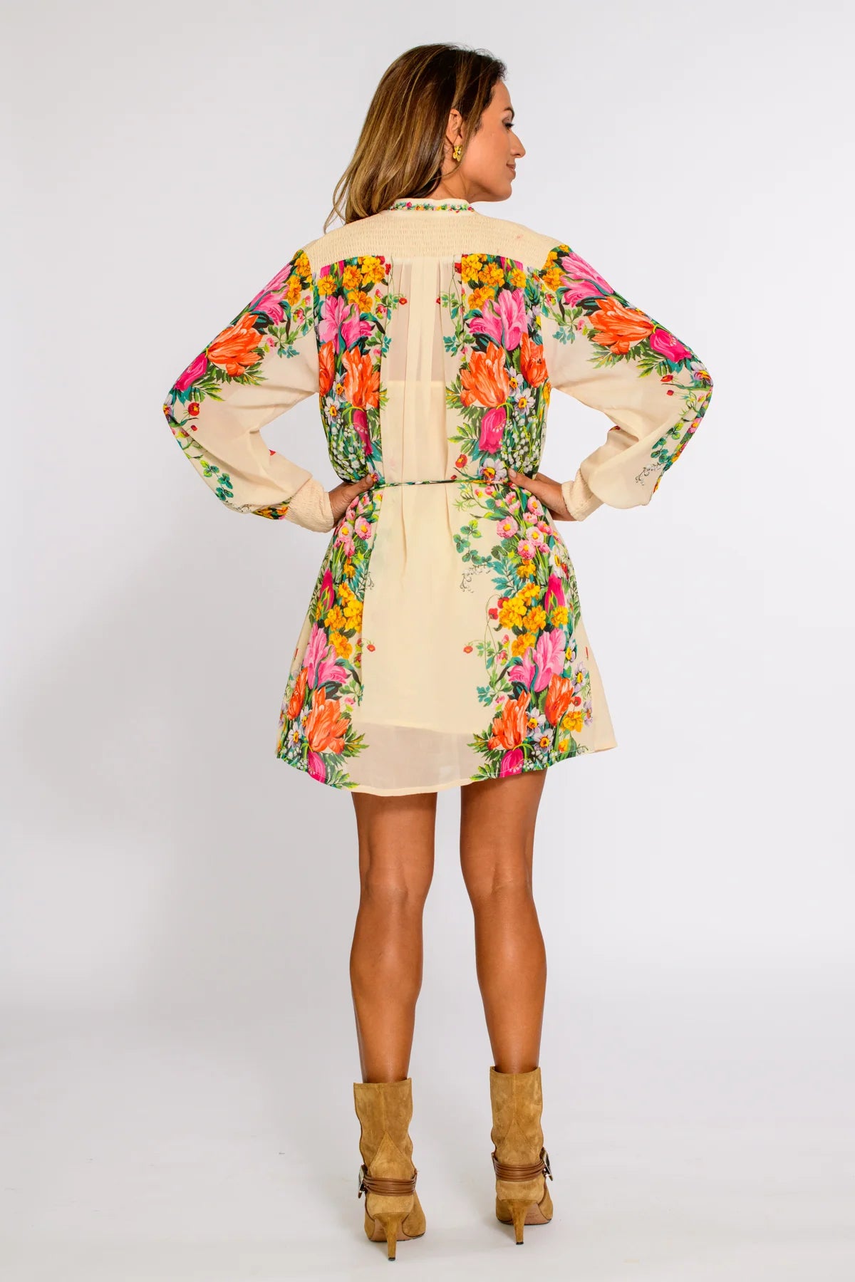 El1101 Ivory Floral Belted Dress