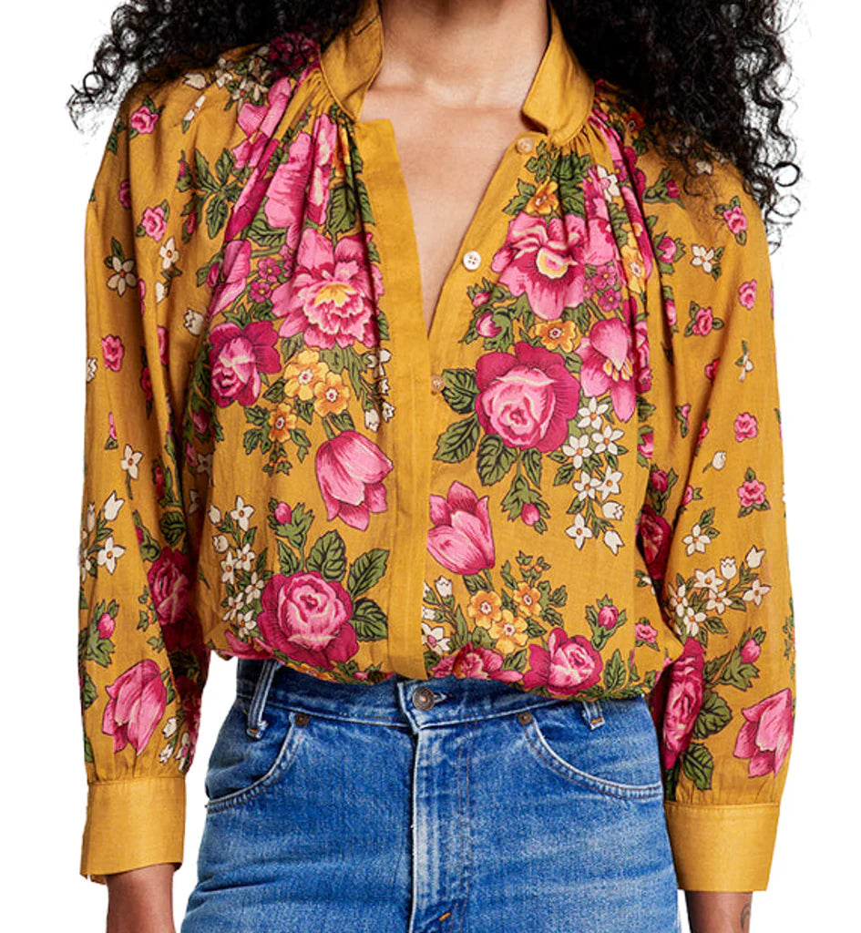 Smfa24051 Smythe Ochre Floral Gathered Blouse