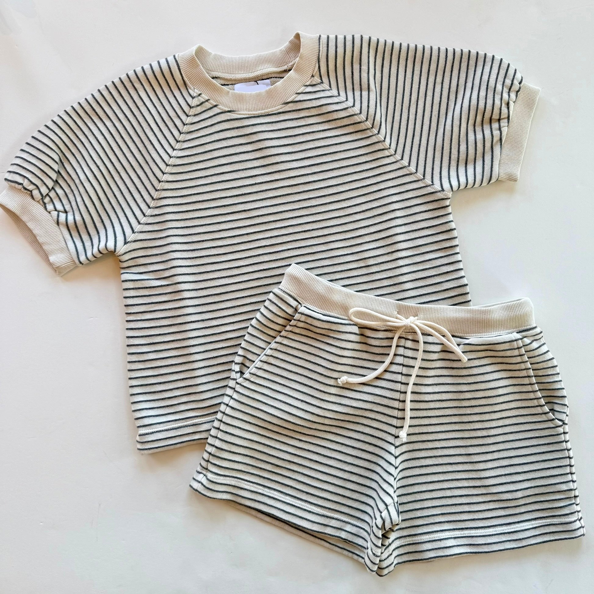 Set - Natural Stripe Puff Sleeve Short Set