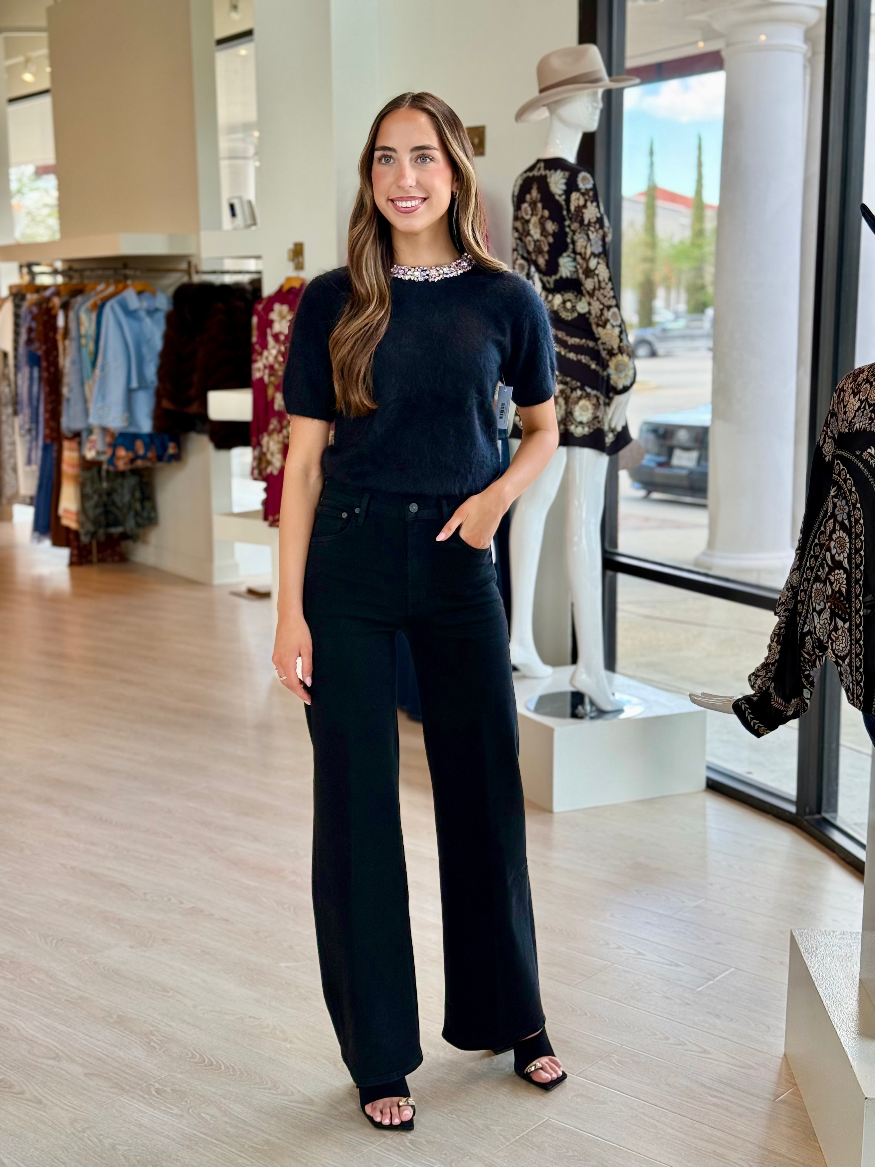 Pl3730 Jeweled Cashmere Top - Black
