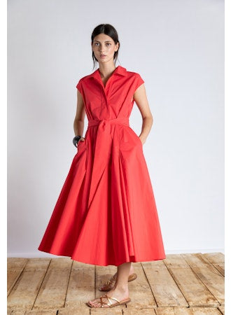 Ps2182 Red Poplin Midi Dress