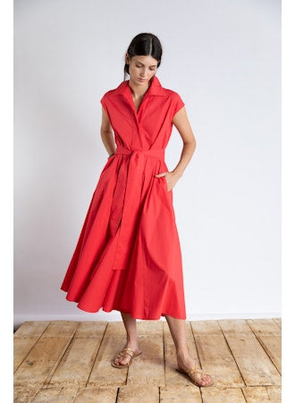 Ps2182 Red Poplin Midi Dress