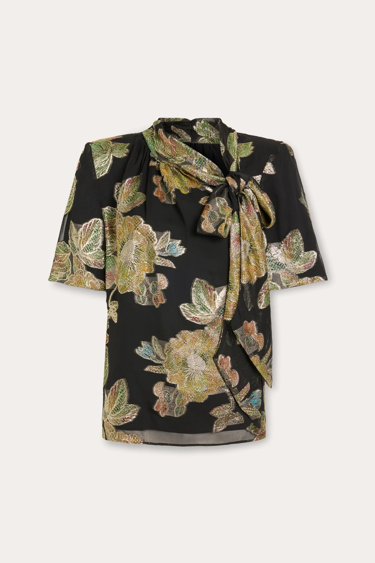 Raa2082 Metallic Floral Tie Neck Top