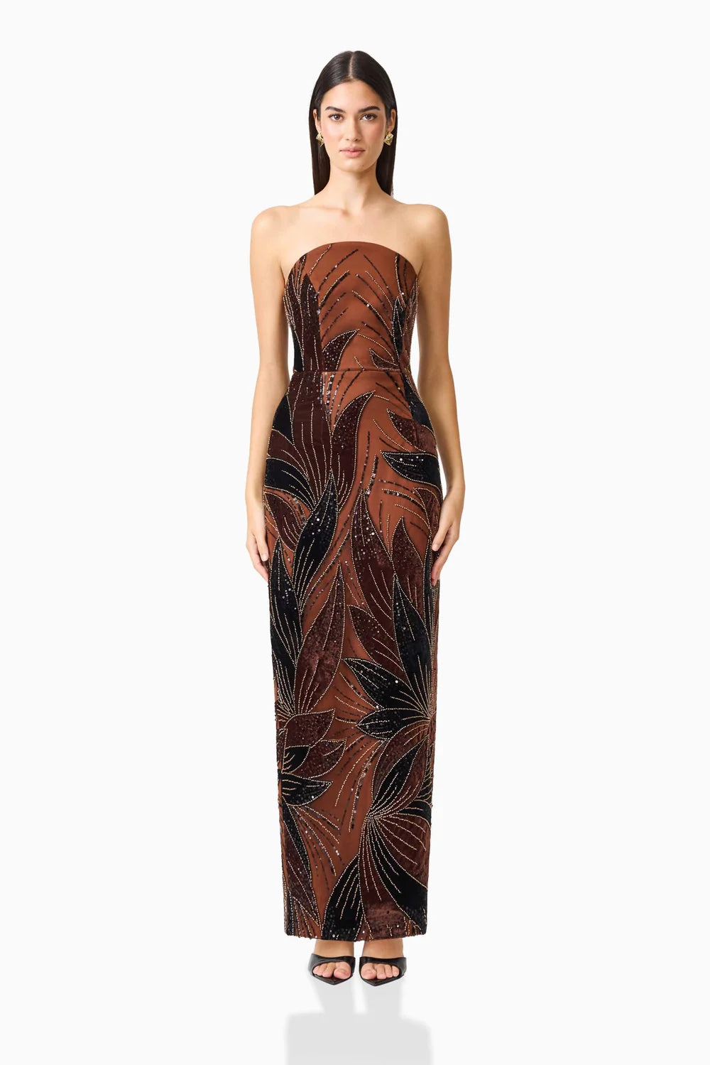 El2630 Brown Strapless Beaded Gown