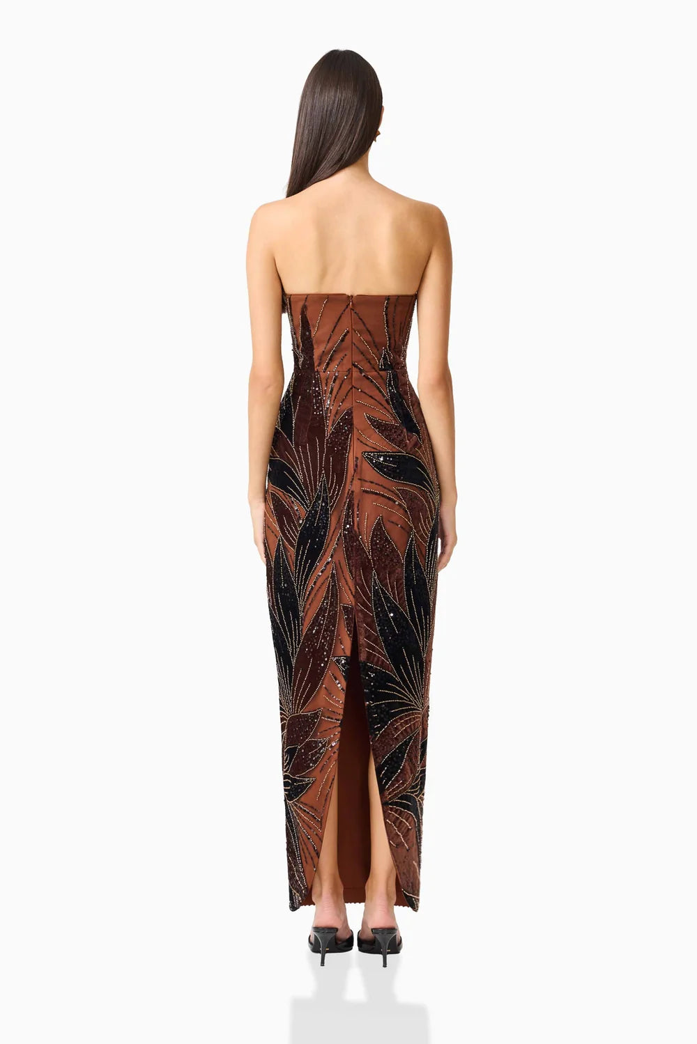 El2630 Brown Strapless Beaded Gown
