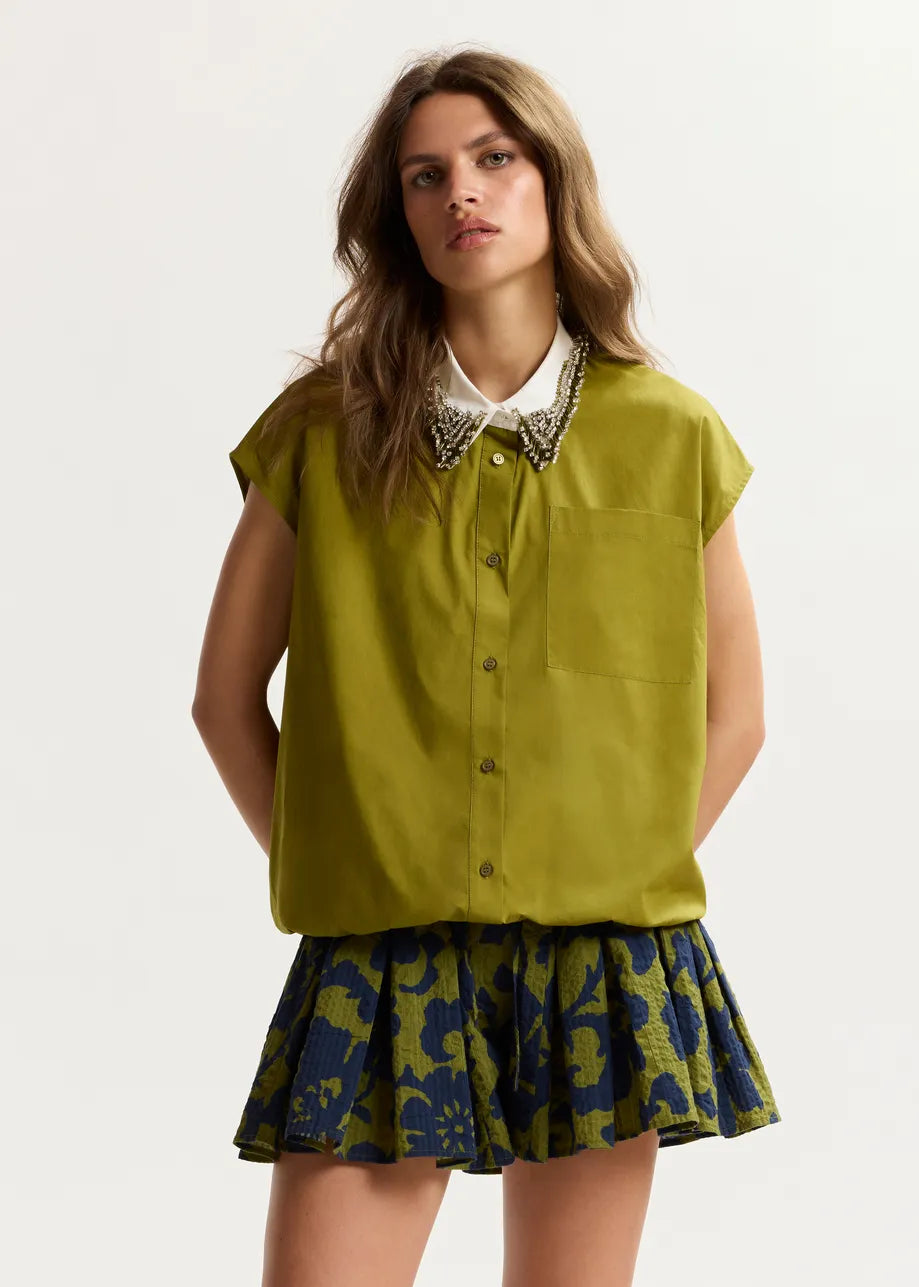 Es2818 Green Beaded Collar shirt