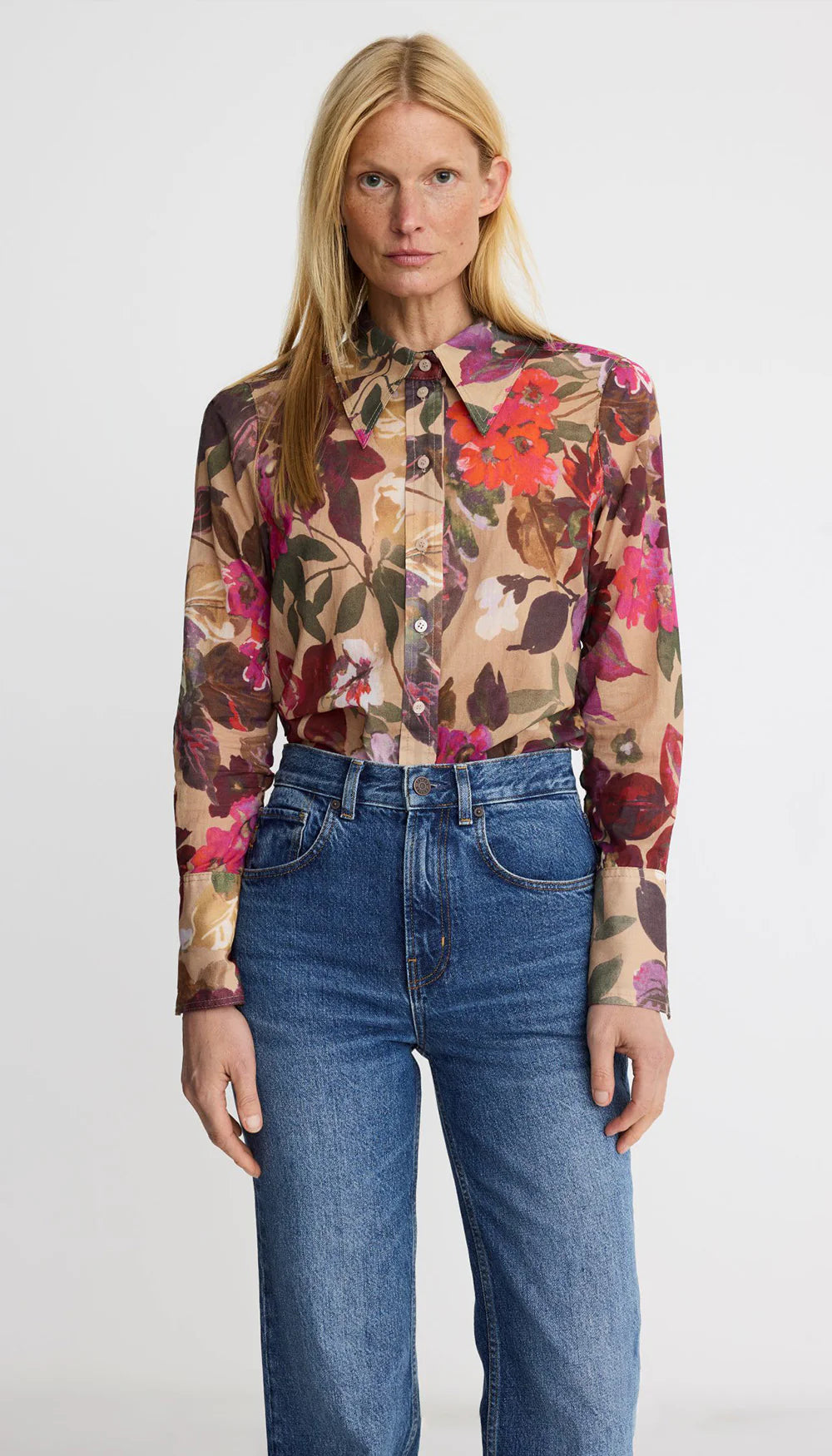 Sm26032 Brown Floral Point Collar Shirt
