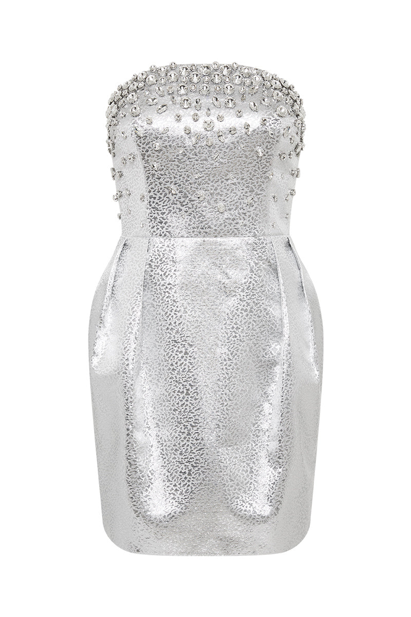 Re1344 Rebecca Vallance Silver Strapless Mini Dress