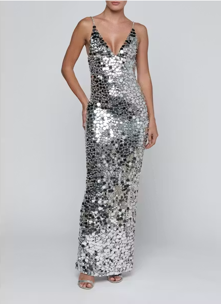 La61833 Silver Deep V Sequin Gown