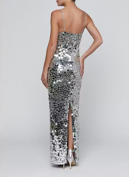 La61833 Silver Deep V Sequin Gown