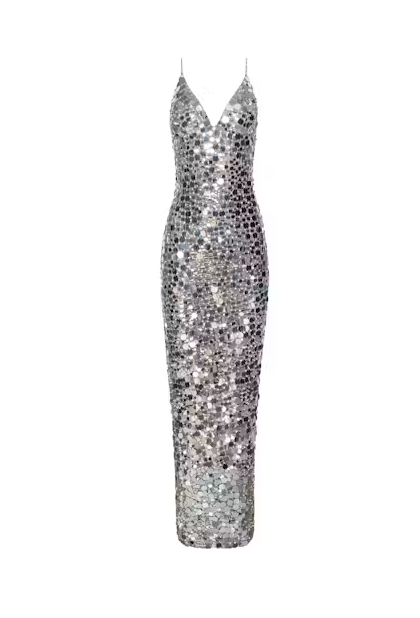 La61833 Silver Deep V Sequin Gown