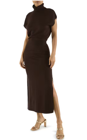 Raa7001 Brown Mock Neck Midi Dress