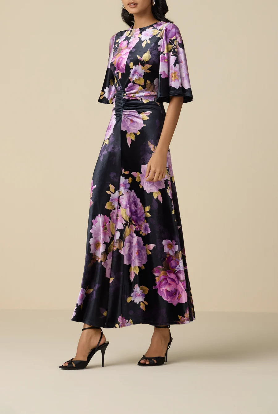 He6227 Floral Velvet Ruched Dress
