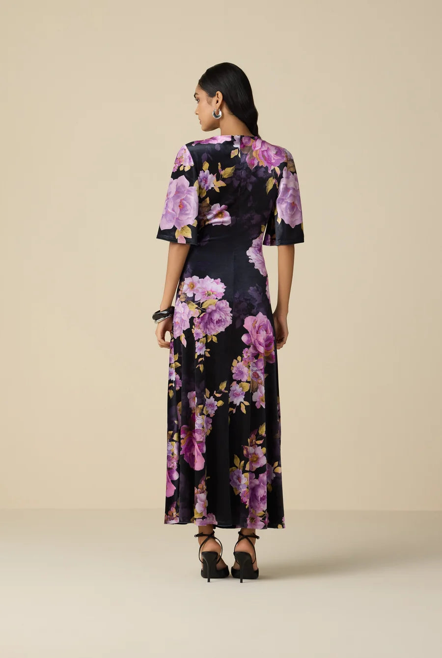 He6227 Floral Velvet Ruched Dress