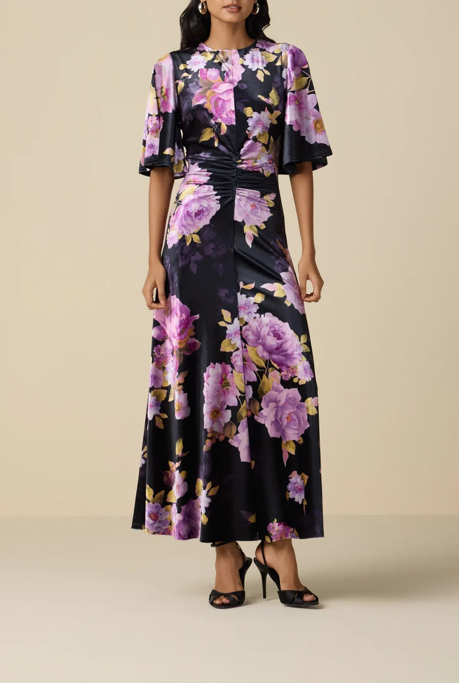 He6227 Floral Velvet Ruched Dress