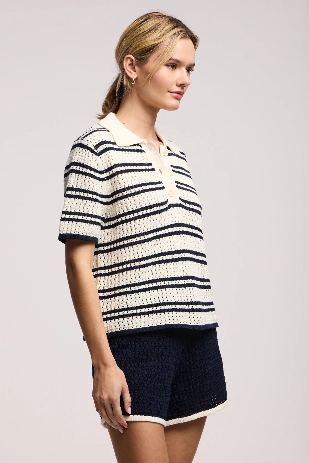 Volumae Navy Stripe Knit Polo Top