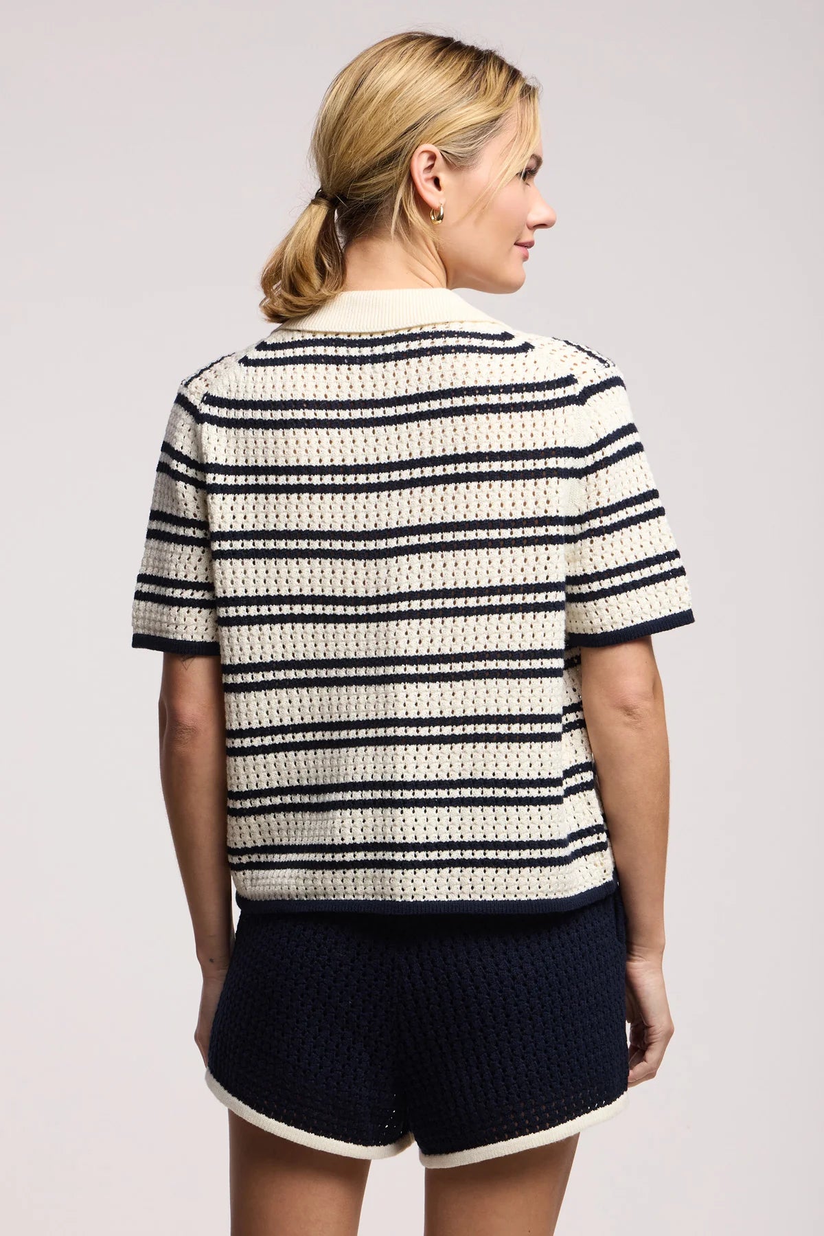 Volumae Navy Stripe Knit Polo Top