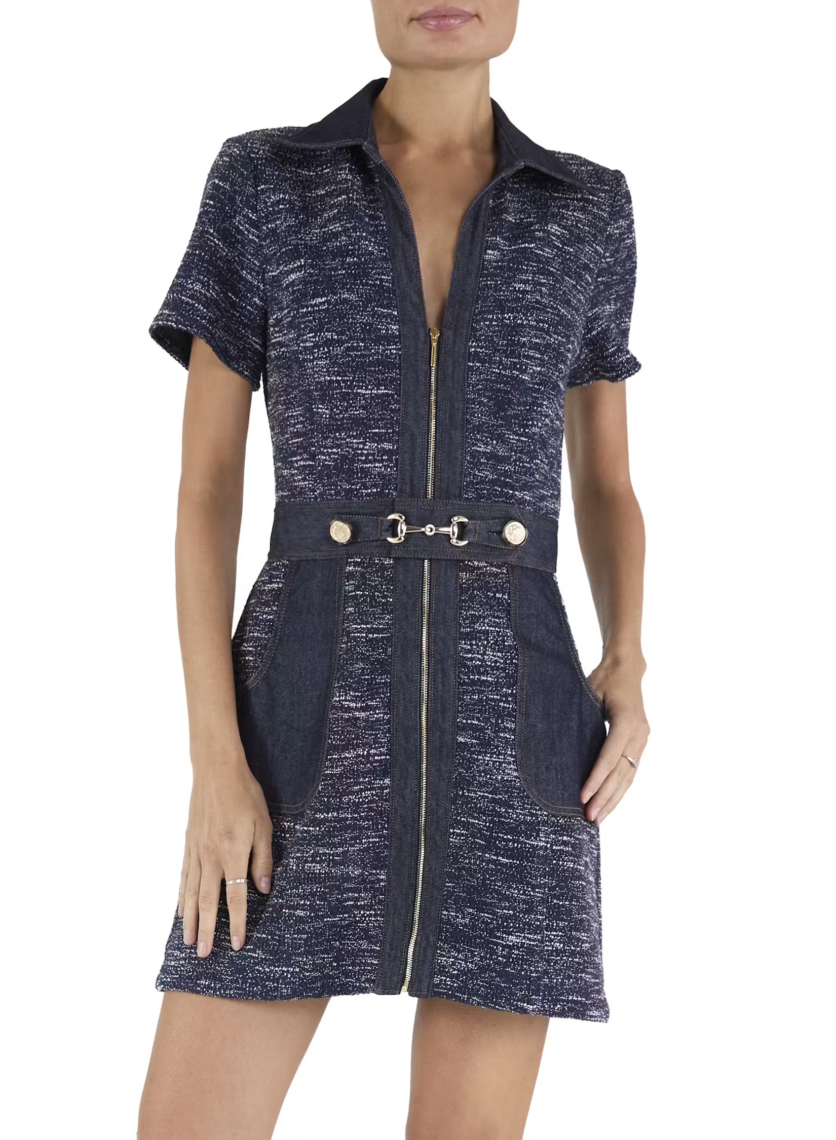Ra3002 Navy Tweed Belted Dress